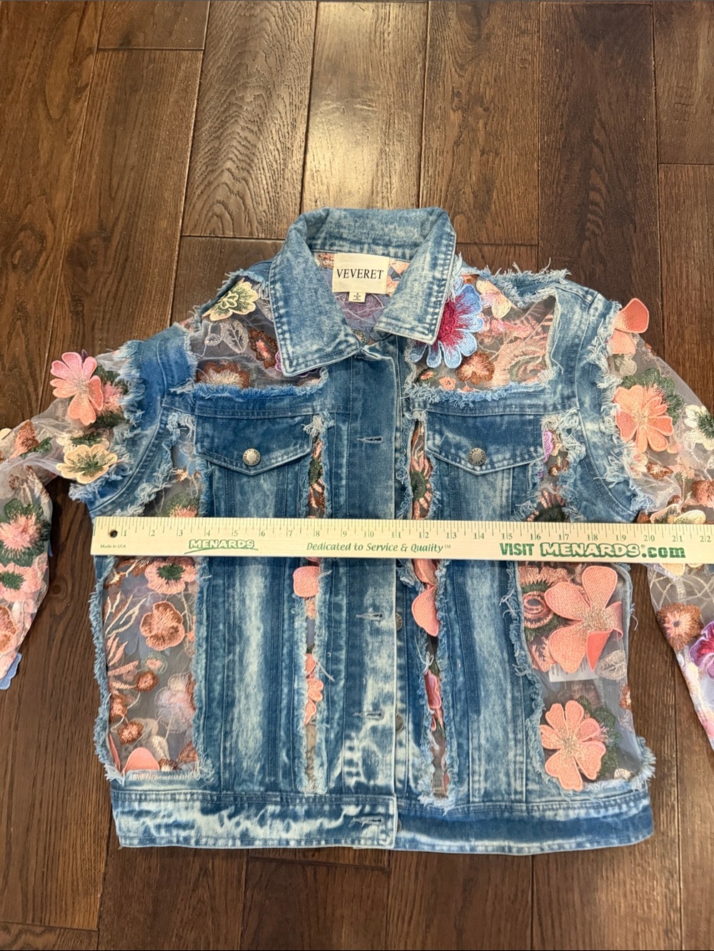 Vervet Sheer Floral Embroidered Denim Jacket - Blue - Picture 5 of 6
